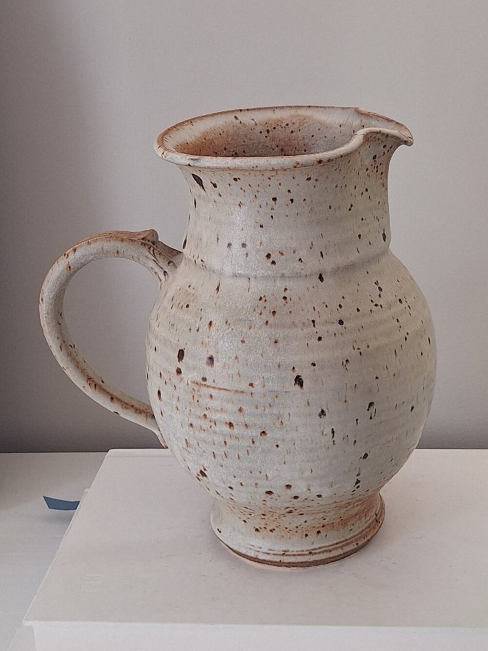 Vintage pottery pitcher vase - looks to be handmade stoneware brown speckled